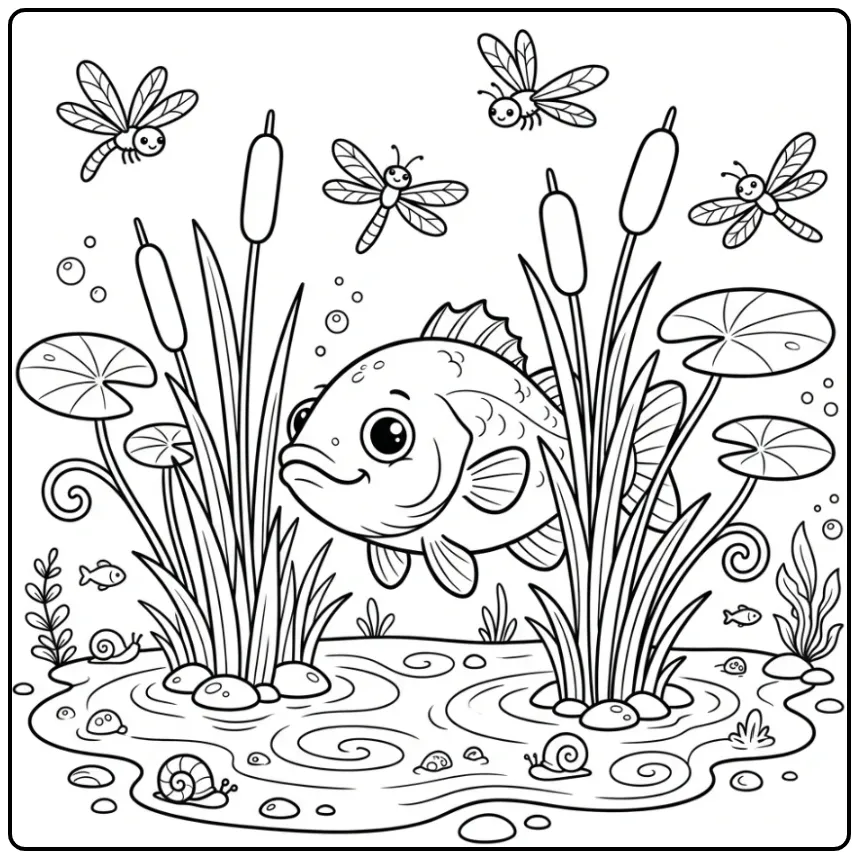 Cheerful Bass with Dragonflies in the Pond coloring page