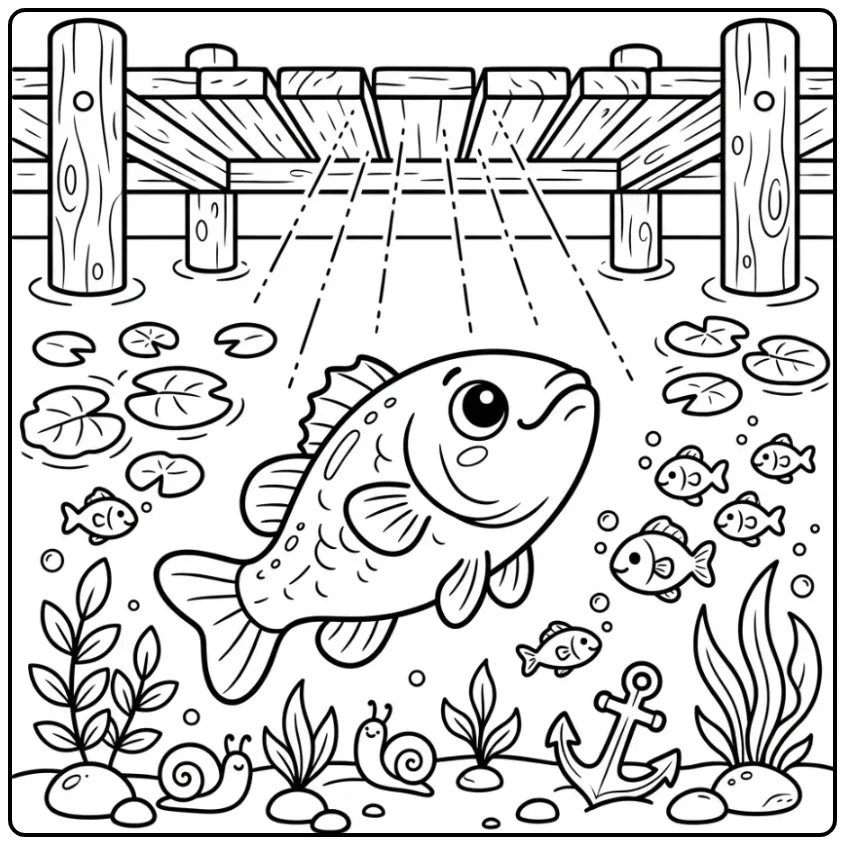 Cheerful Bass Underwater by the Dock coloring page