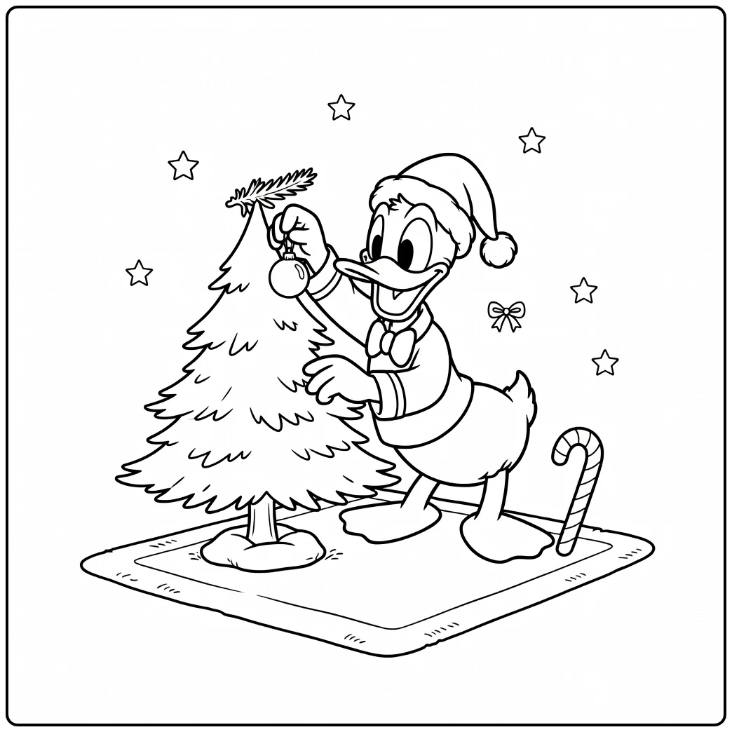 Cheerful Donald Duck Christmas Decorates Tree coloring page