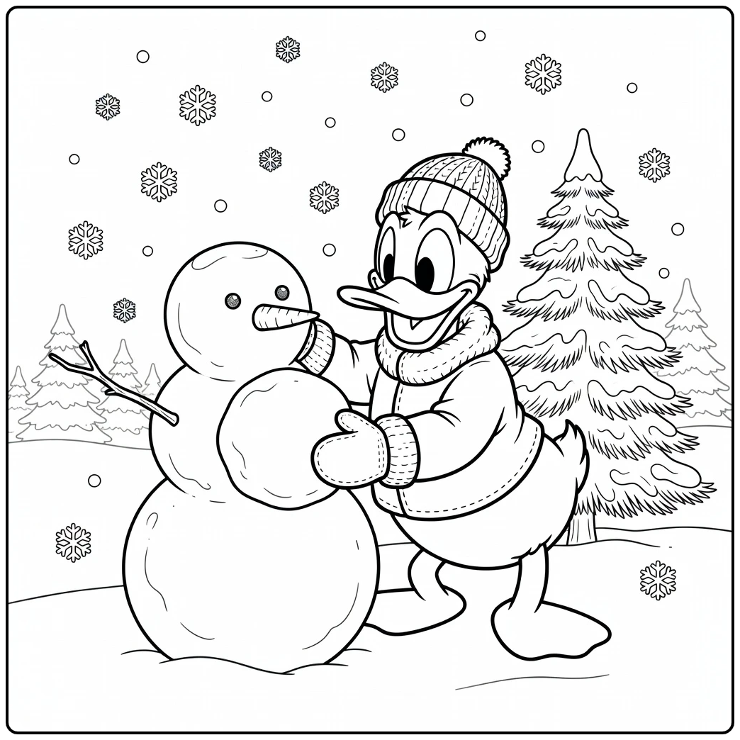 Cheerful Donald Duck Christmas with a Snowman coloring page