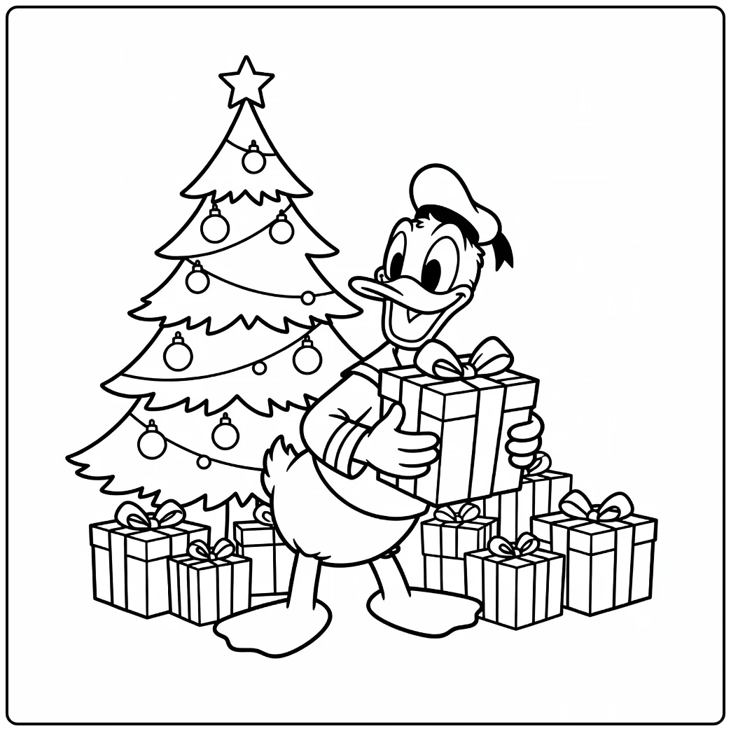 Cheerful Donald Duck with Christmas Gift coloring page