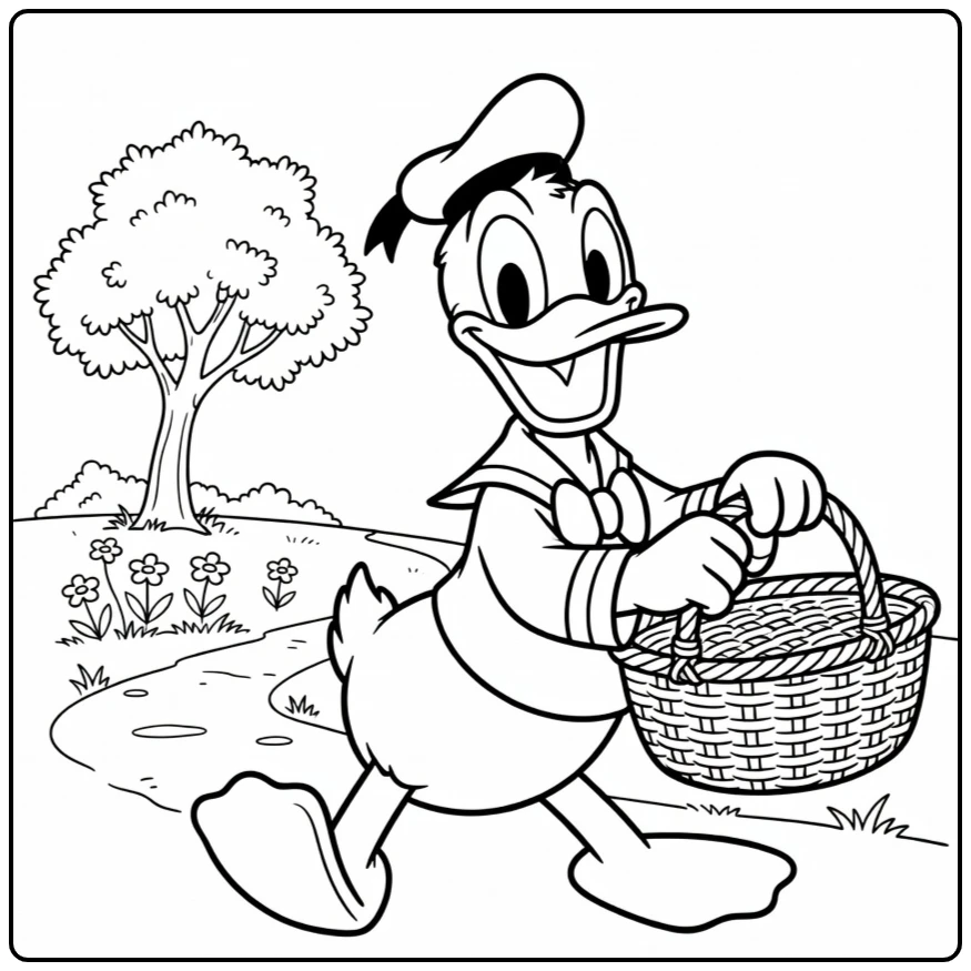 Cheerful Donald Duck on Road Toward a Picnic coloring page
