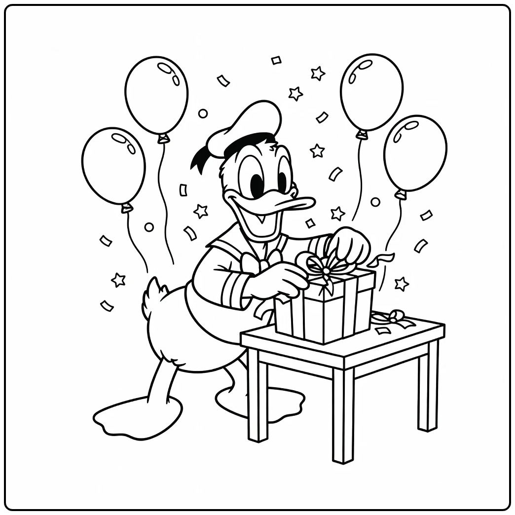 Cheerful Donald Duck Birthday with Gift coloring page