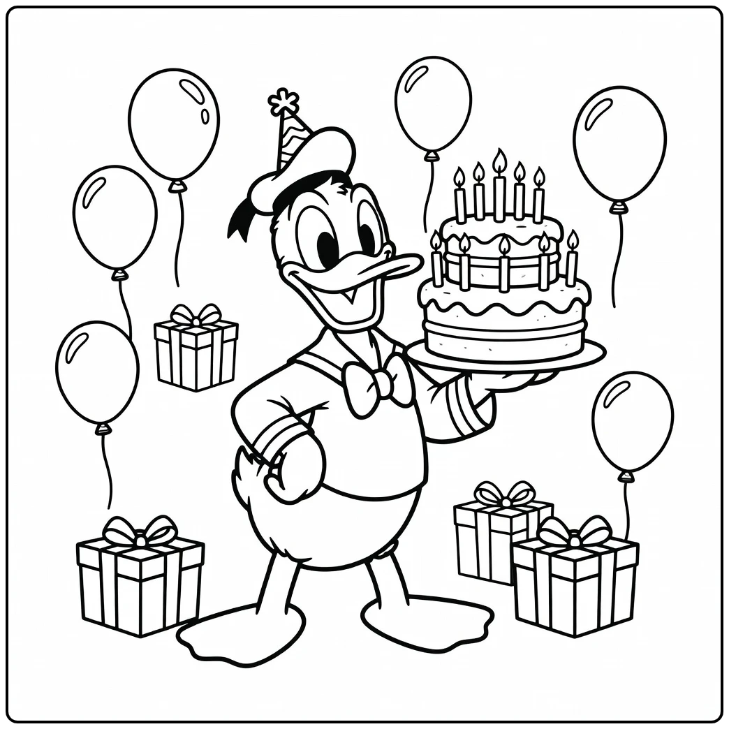 Cheerful Donald Duck Birthday with Festive Cake coloring page