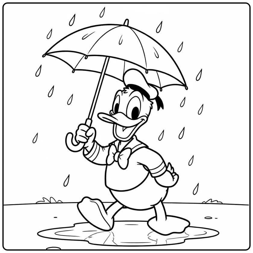 Cheerful Donald Duck Walking Through the Rain coloring page