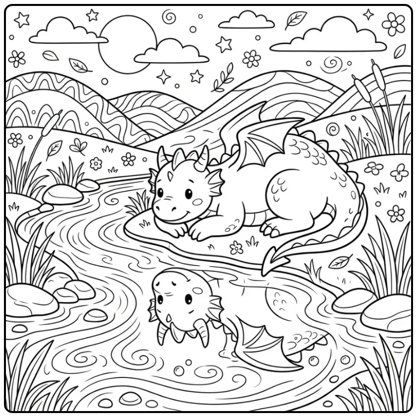 Cheerful Dragon at the Waterside Drawing coloring page