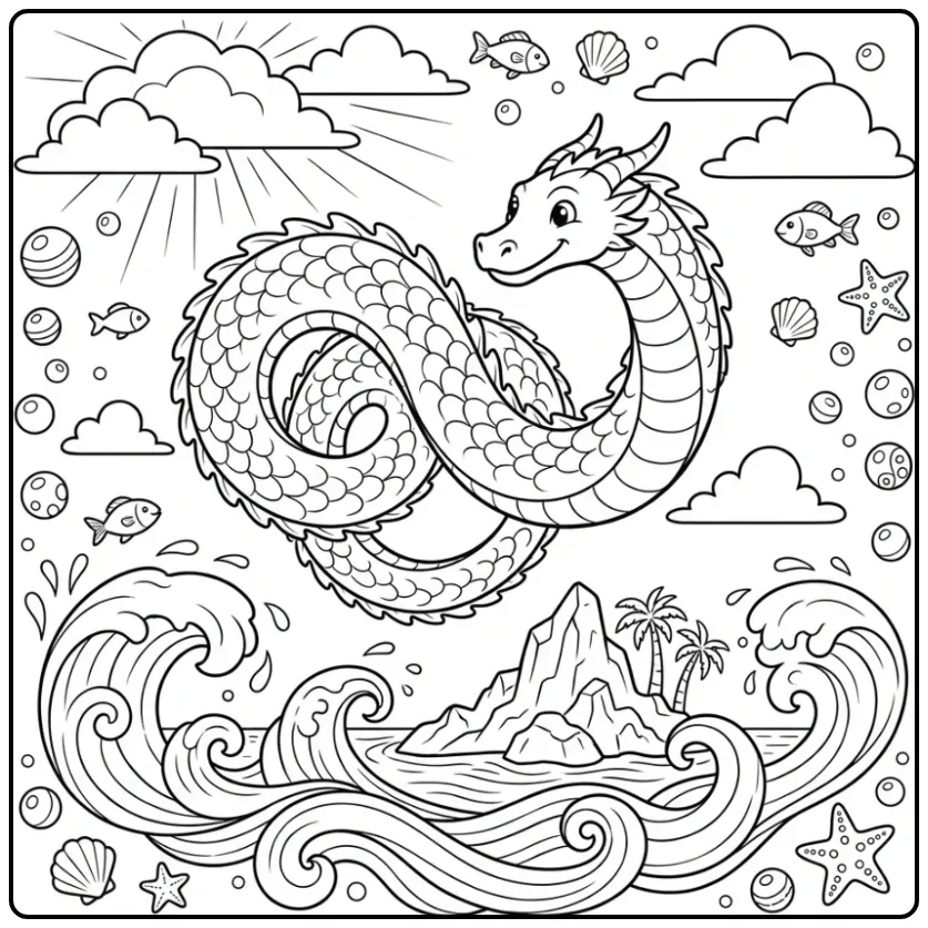 Cheerful Dragon with a Tropical Island coloring page