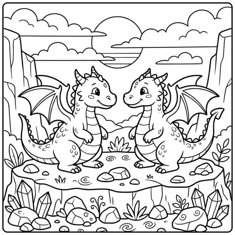 Cheerful Dragon Greeting a Friend in the Mountains coloring page