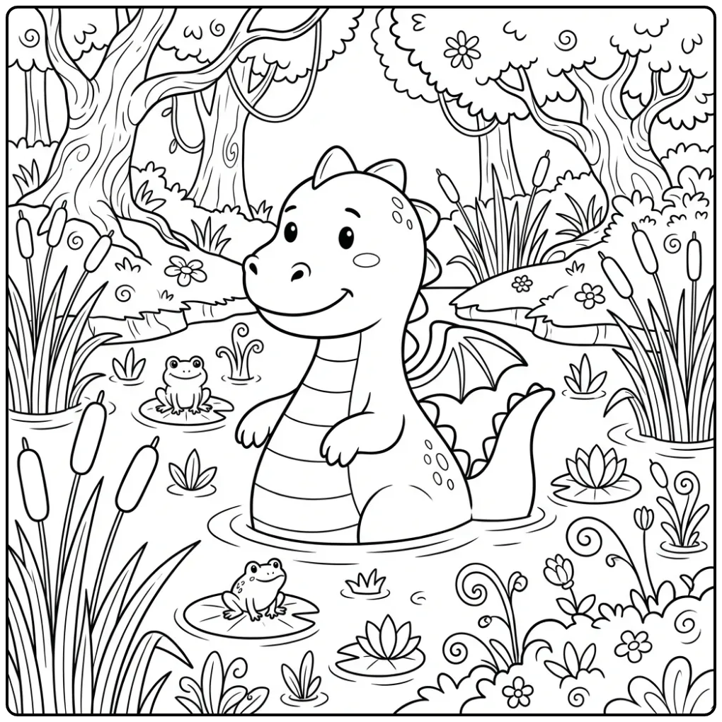 Cheerful Dragon in a Swamp with Frogs coloring page