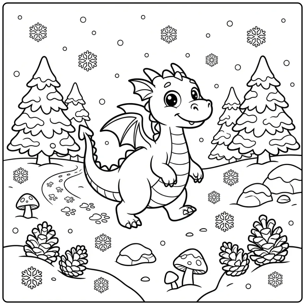 Cheerful Dragon in a Winter Landscape coloring page