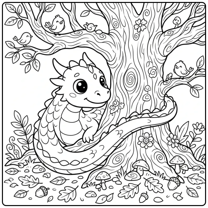 Cheerful Dragon with Birds and Leaves coloring page
