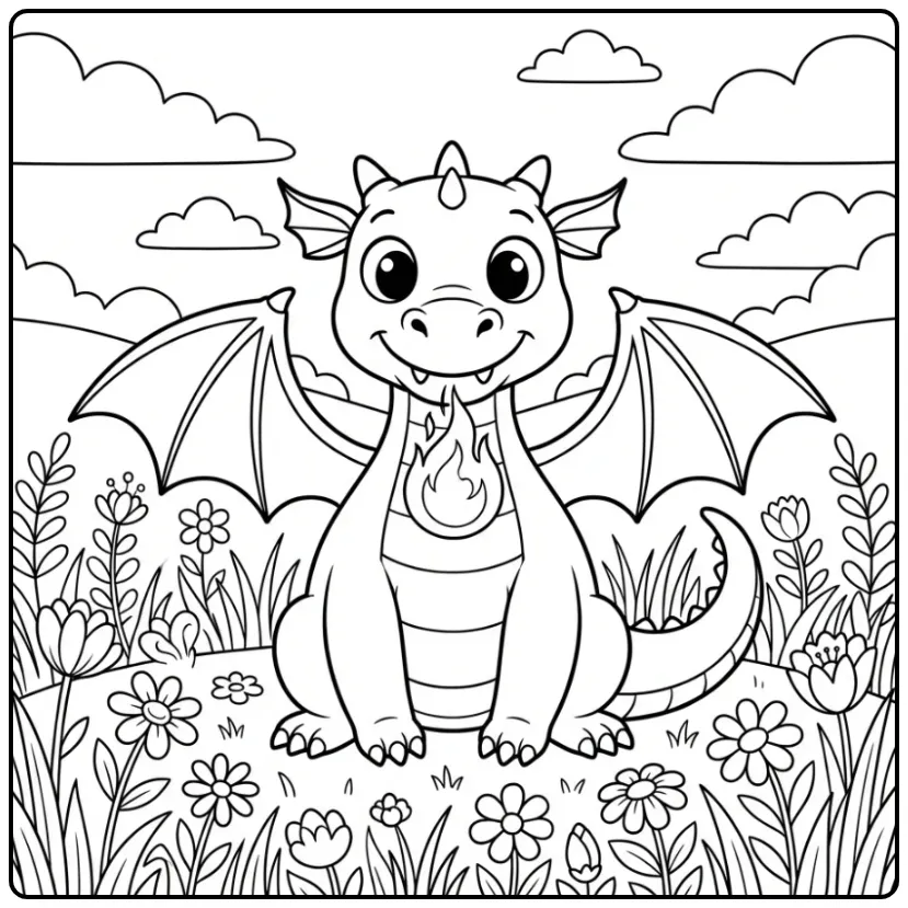 Cheerful Dragon with Fire in Nature coloring page
