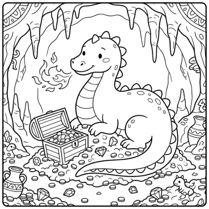 Cheerful Dragon with Fire in a Cave coloring page