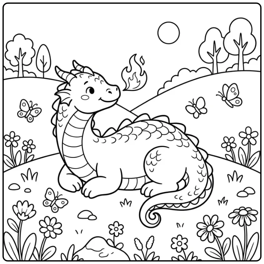 Cheerful Dragon with Fire on a Hill coloring page