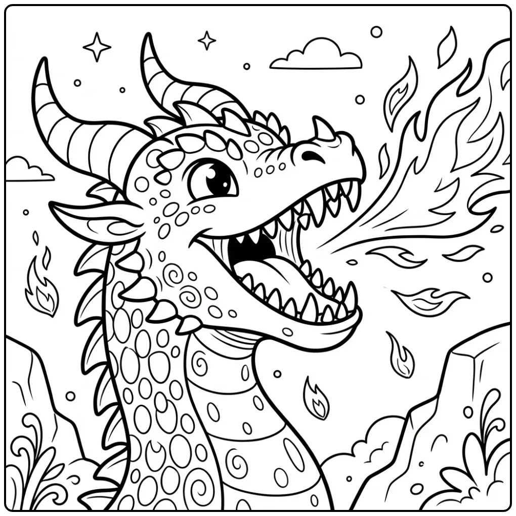 Cheerful Dragon with Fire for Children coloring page