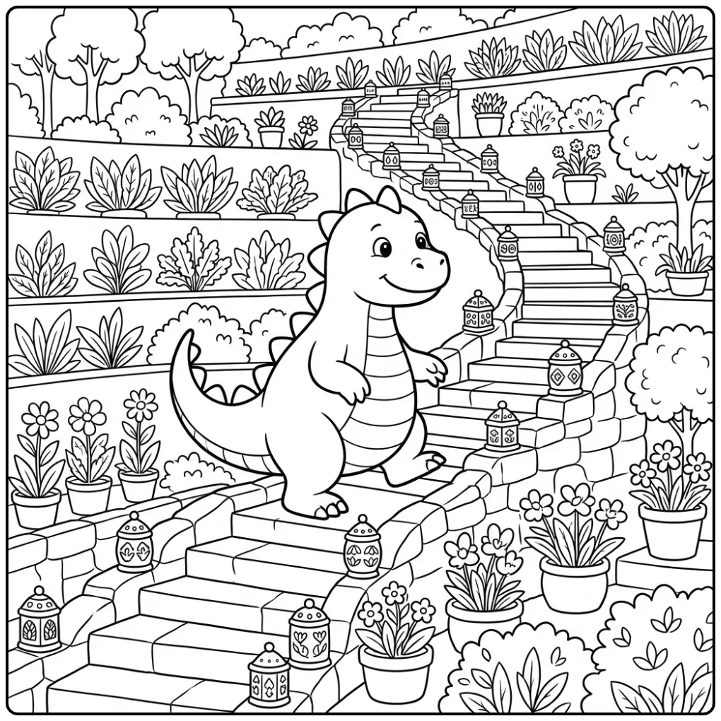 Cheerful Dragon on an Adventure in a Terrace Garden coloring page