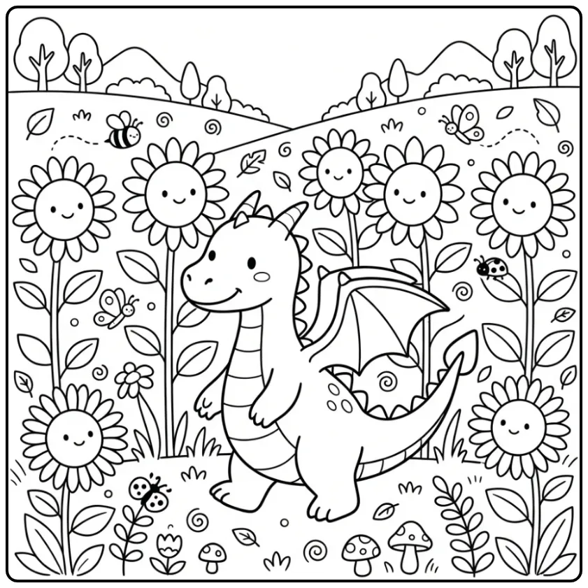 Cheerful Dragon Walking in a Sunflower Field coloring page
