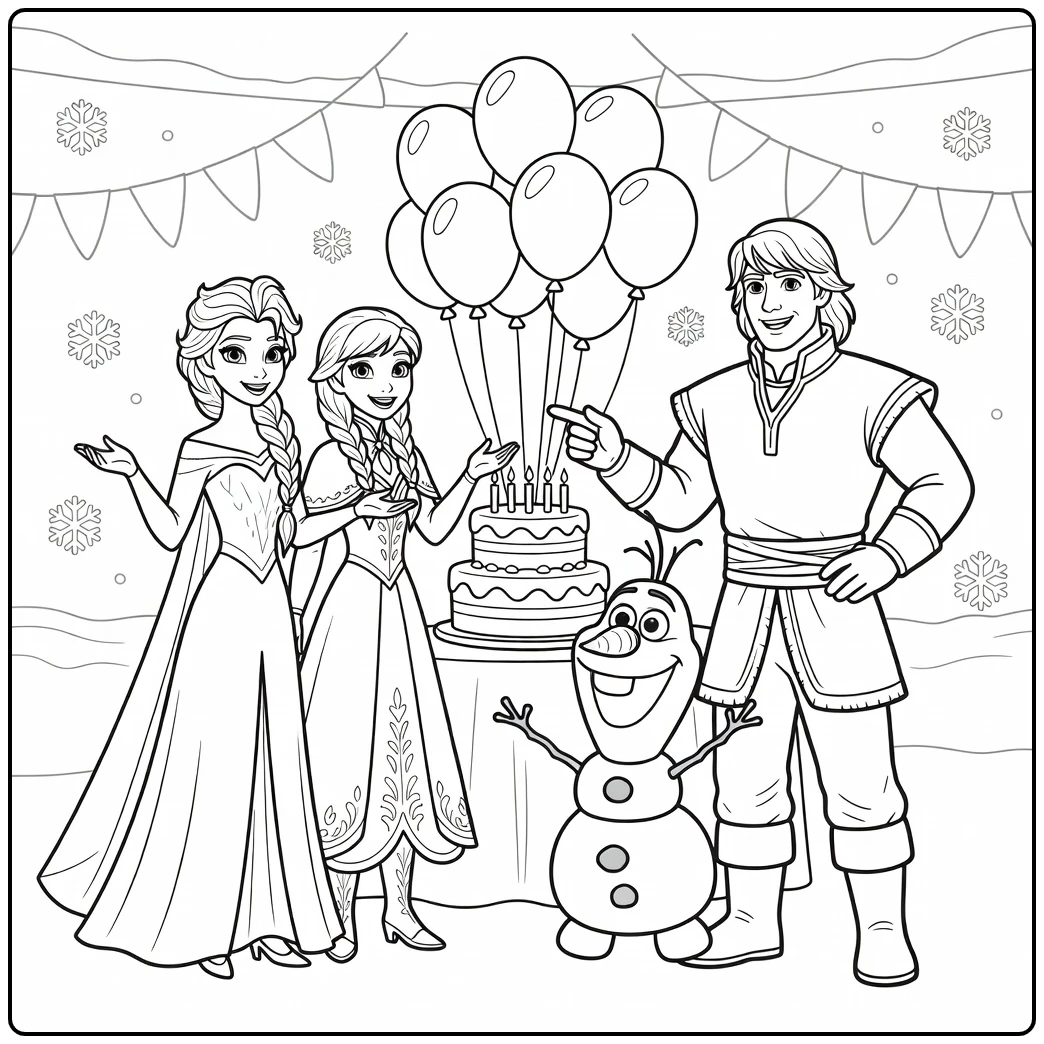 Cheerful Frozen Birthday with All the Friends coloring page