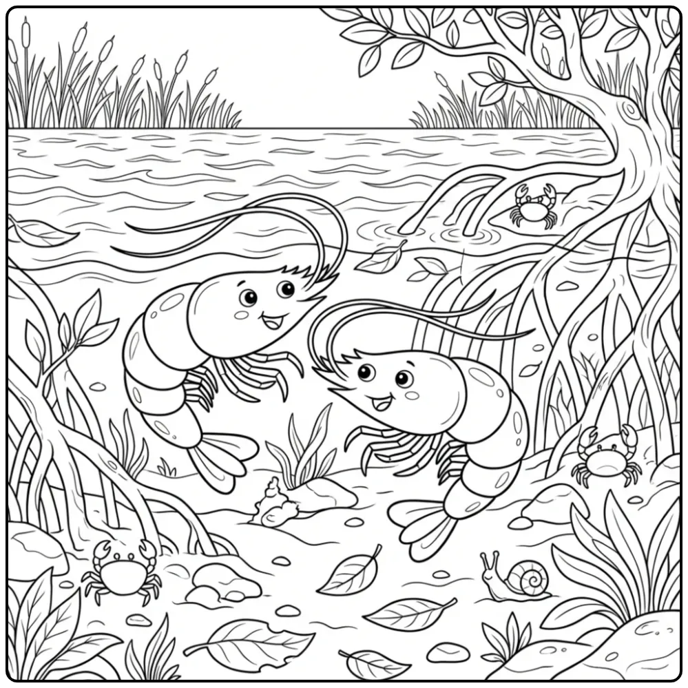 Cheerful Shrimp in a Mangrove Swamp coloring page