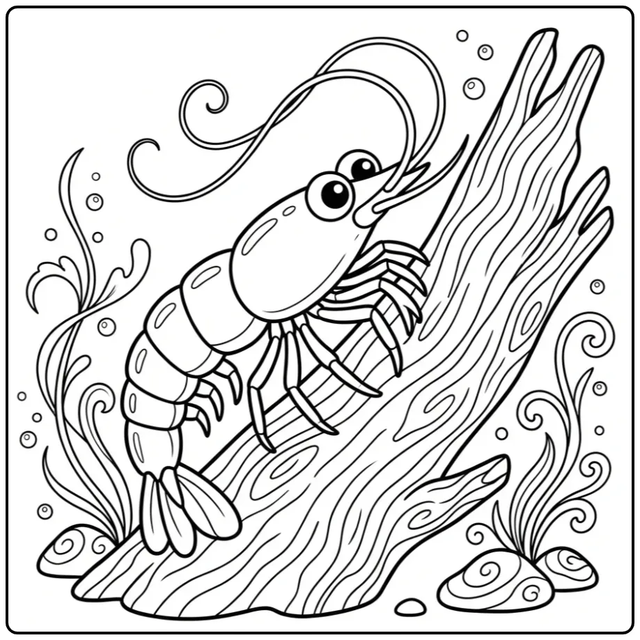 Shrimp coloring page on driftwood underwater