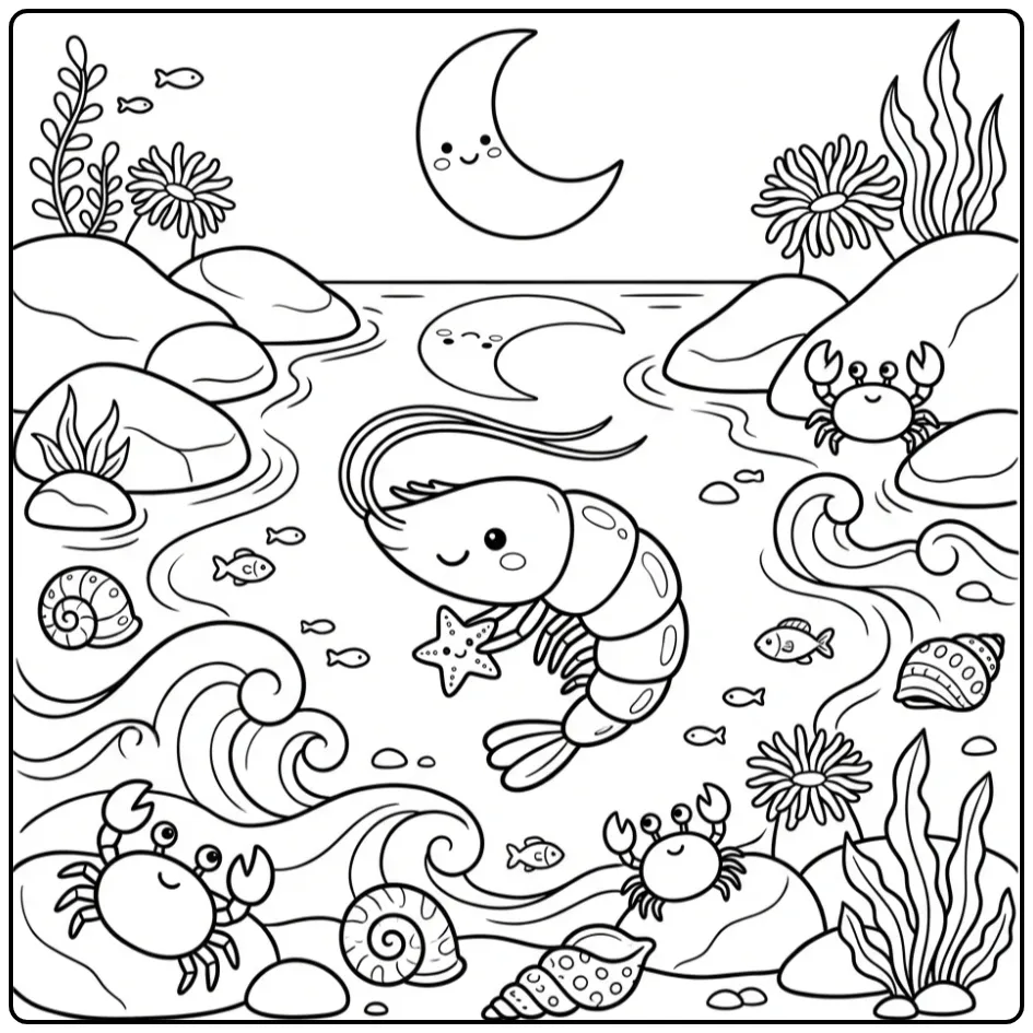 Cheerful Shrimp with Shells and Moonlight coloring page
