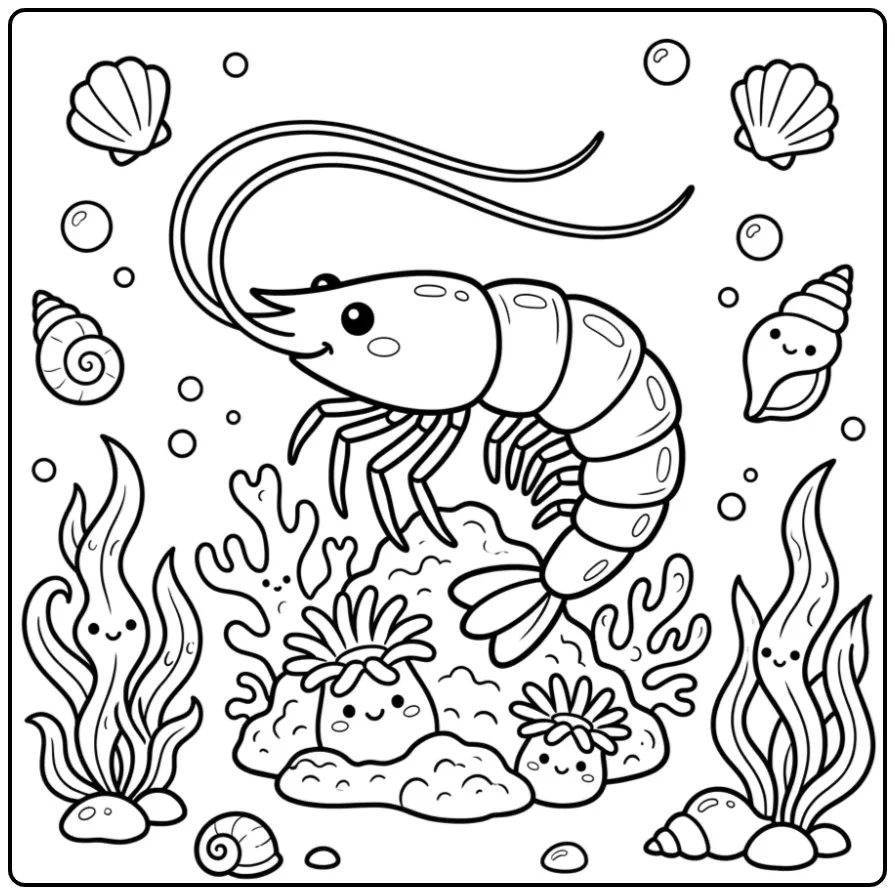 Cheerful Shrimp with Seaweed and Bubbles coloring page