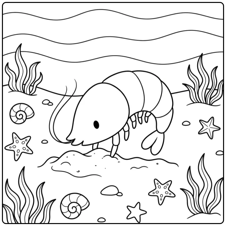 Cheerful Shrimp on the Seabed coloring page