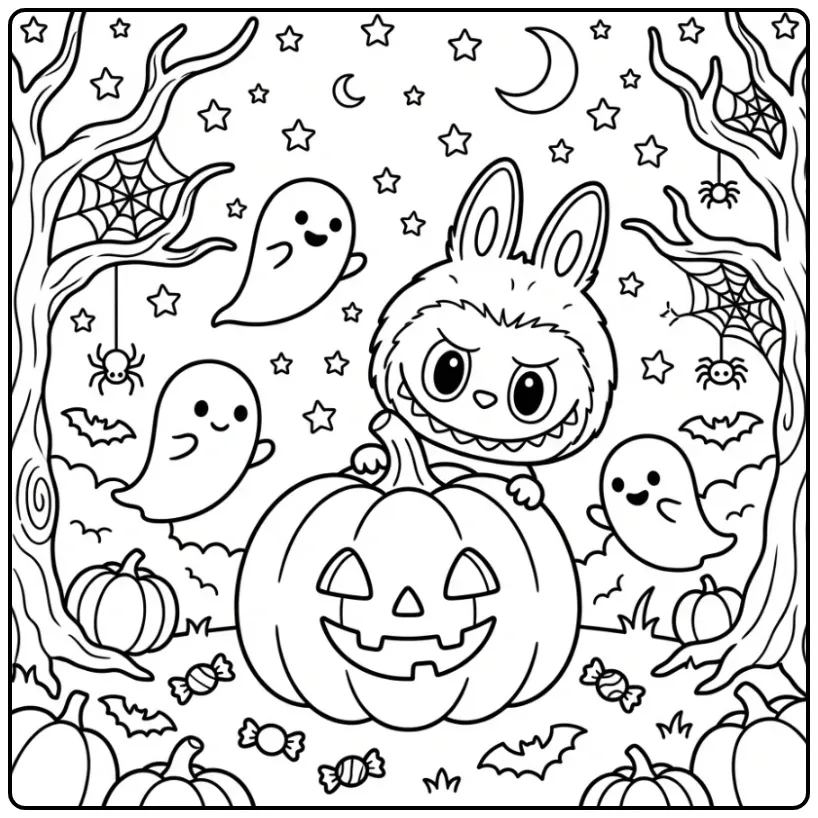 Cheerful Halloween Labubu with Little Ghosts and the Moon coloring page