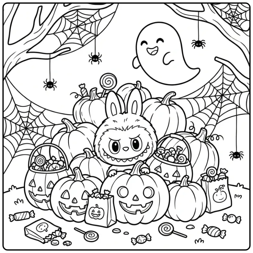 Cheerful Halloween Labubu During Trick or Treat coloring page