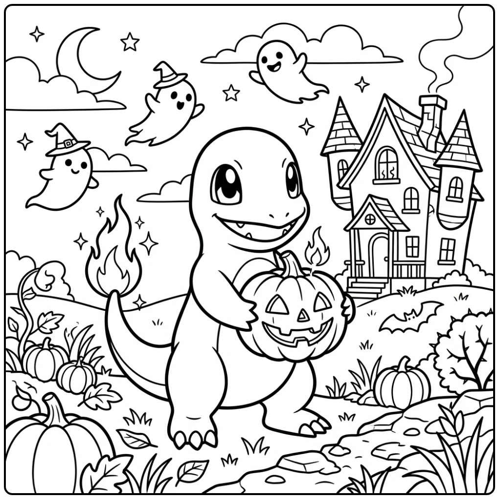 Cheerful Halloween Pokemon Charmander with Haunted House coloring page