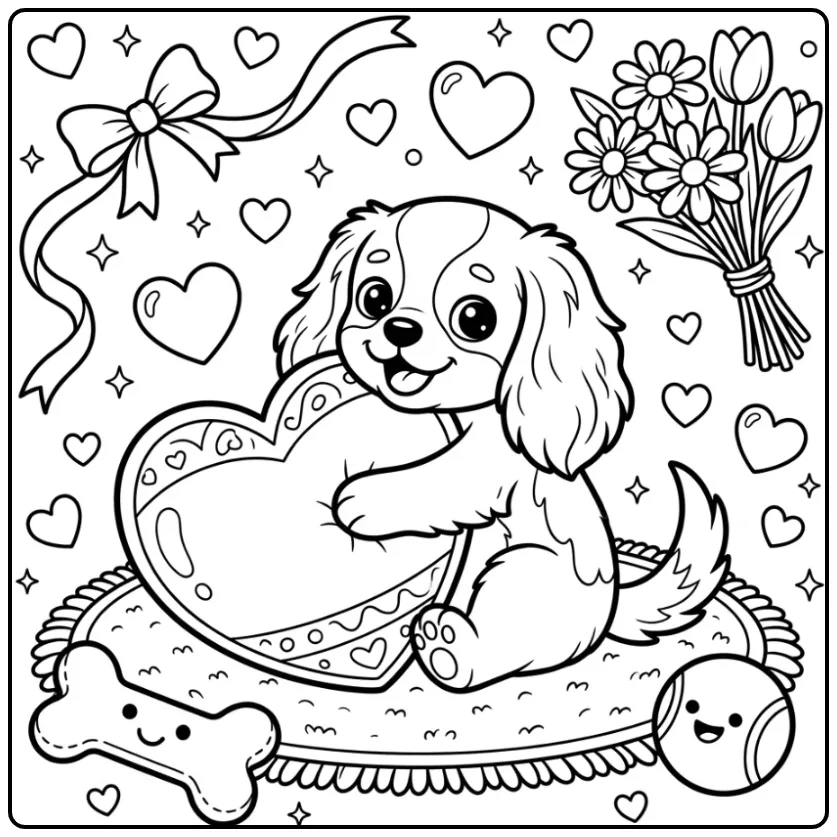 Cheerful Puppy with Heart and Flowers coloring page