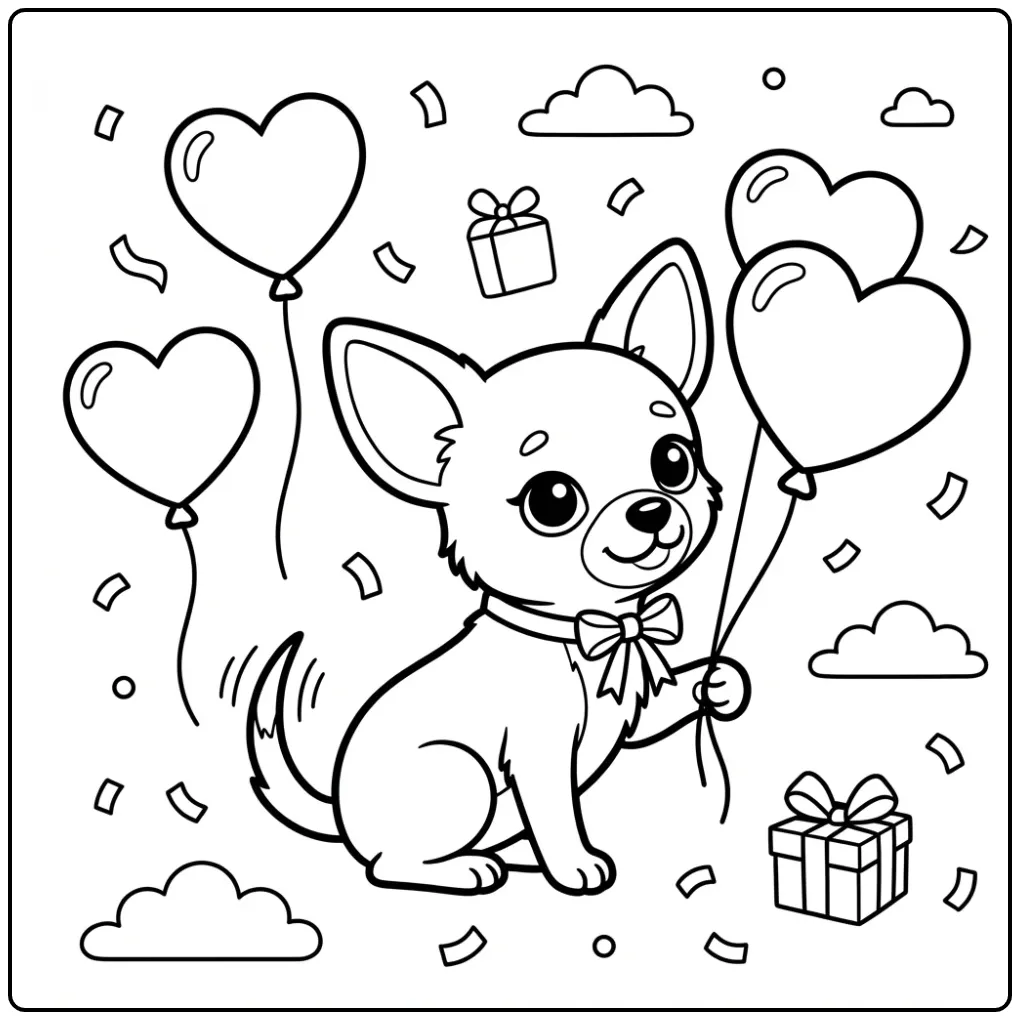 Cheerful Puppy with Heart and Gift coloring page