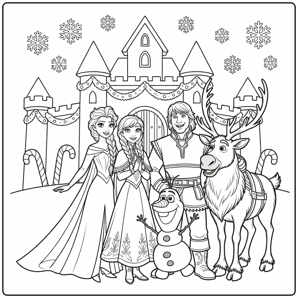 Cheerful Christmas Frozen with Castle Arendelle coloring page