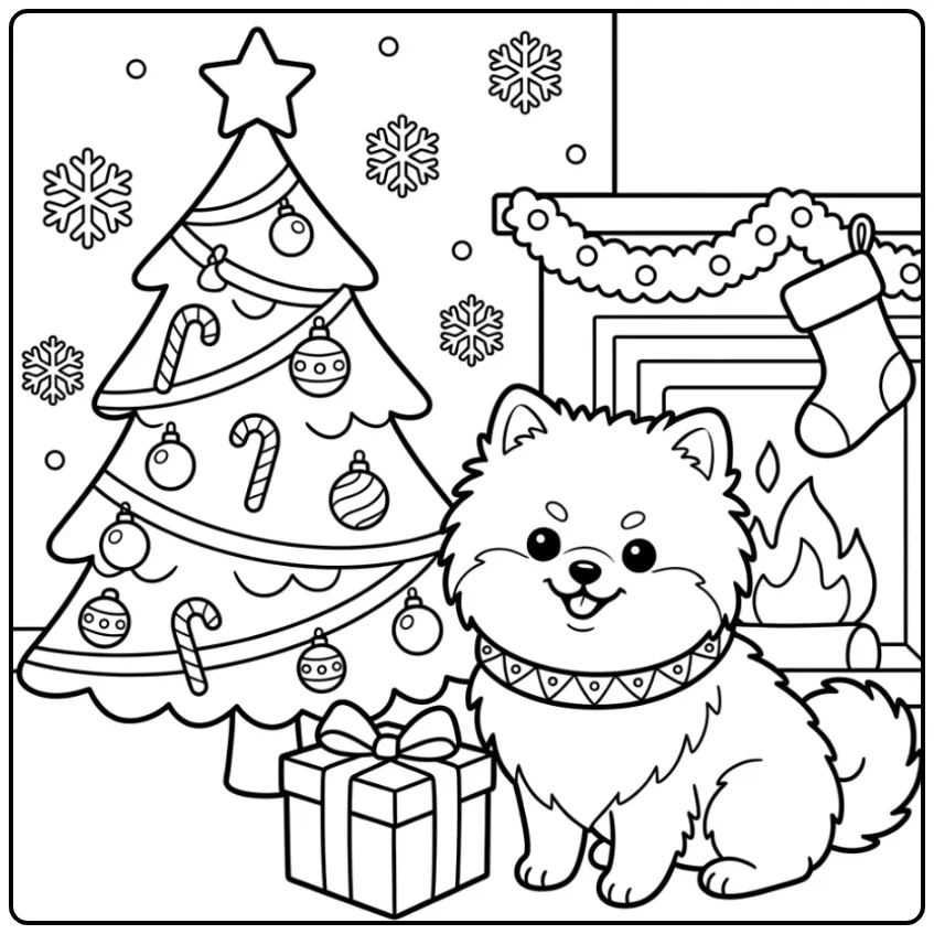Cheerful Puppy Next to a Christmas Tree coloring page