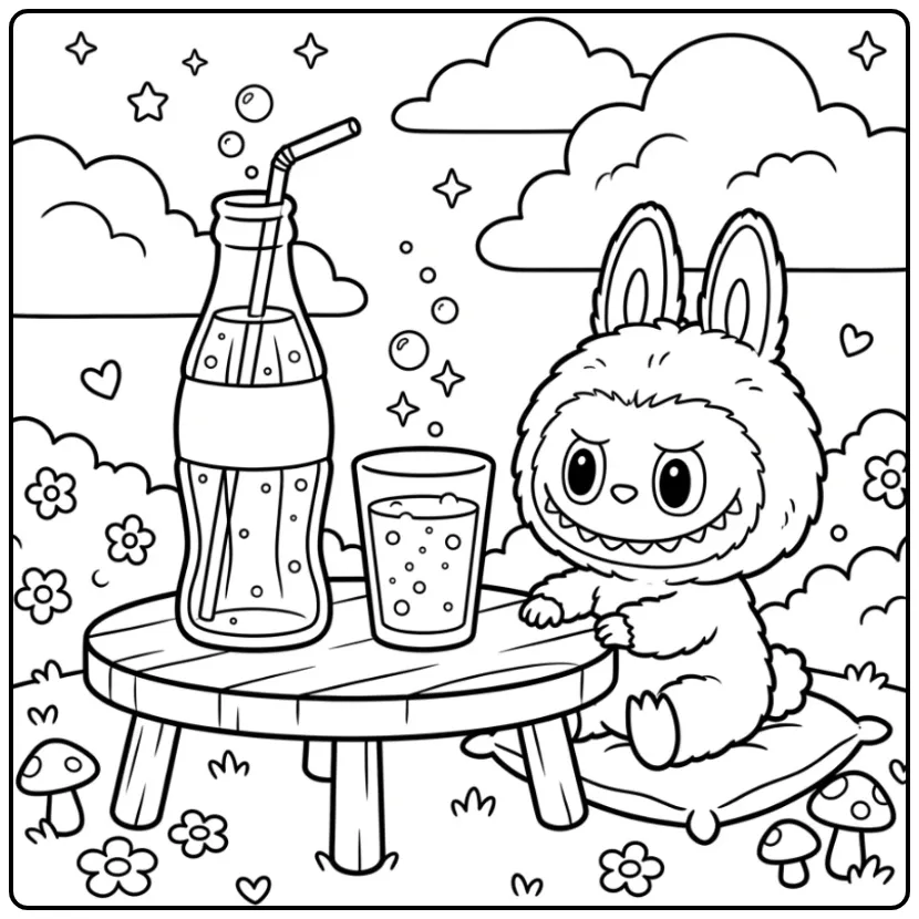 Labubu with cola coloring page