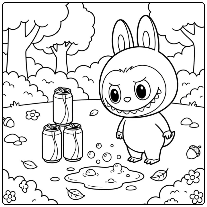 Cheerful Labubu Cola with a Stack of Cans coloring page