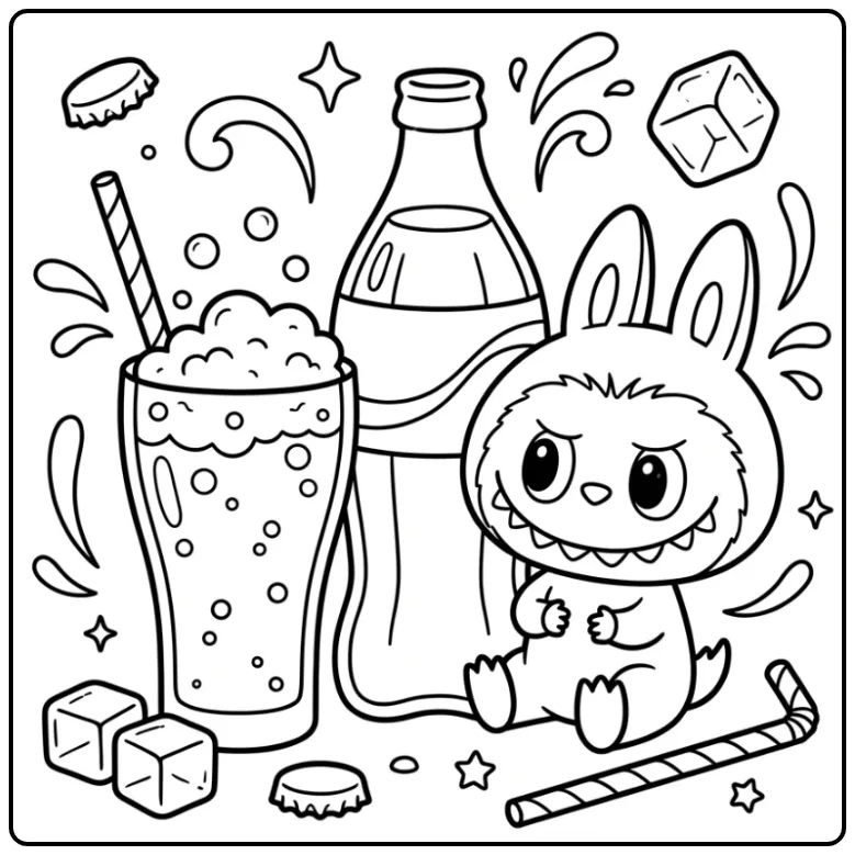 Cheerful Labubu Cola Drinking with Straws and Ice coloring page