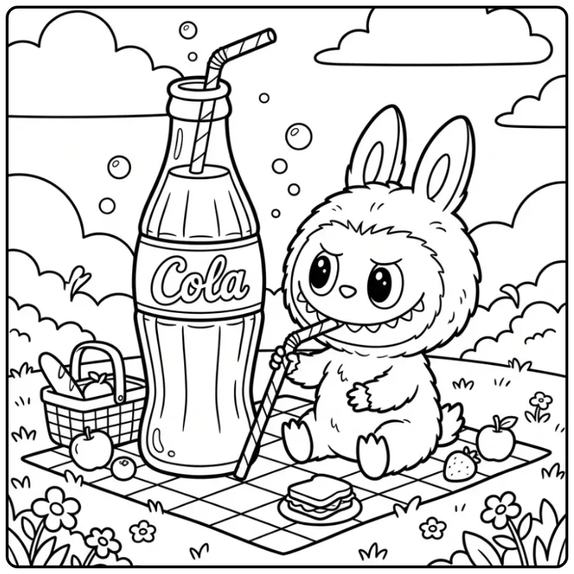 Cheerful Labubu Cola Drinking on a Picnic coloring page