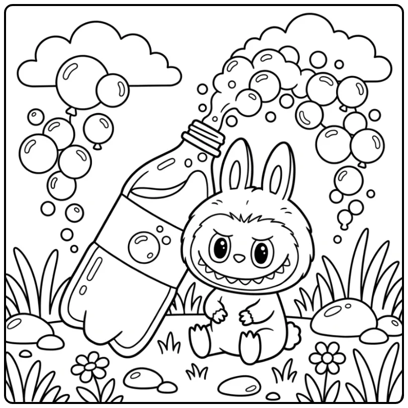 Cheerful Labubu Cola and Floating Bubbles coloring page