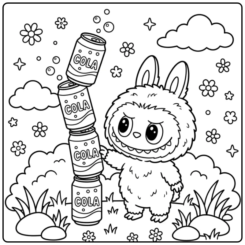 Cheerful Labubu Cola in a Garden Full of Bubbles coloring page
