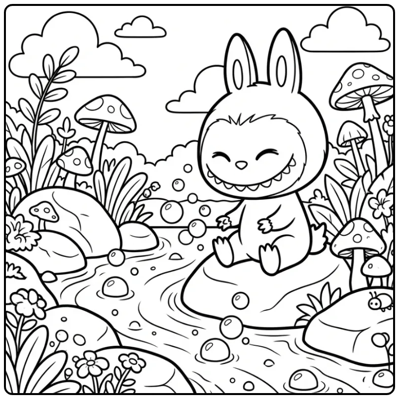 Cheerful Labubu Cola with Bubbles and Clouds coloring page