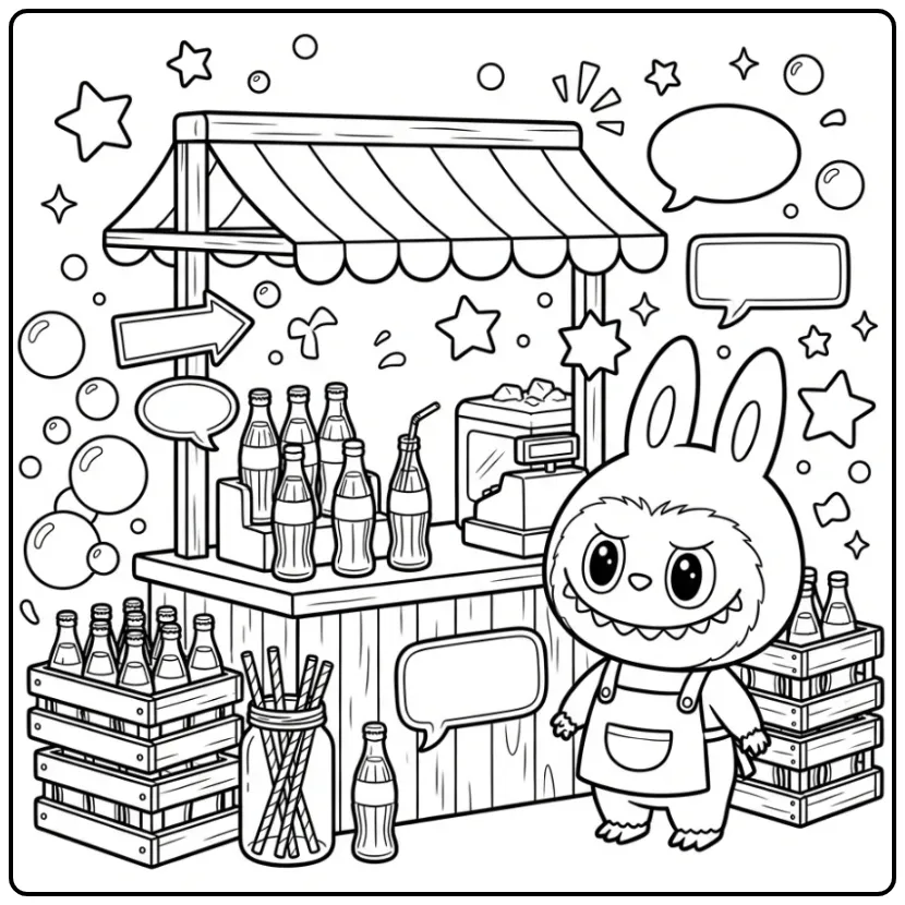 Cheerful Labubu Cola with Bottles and Bubbles coloring page