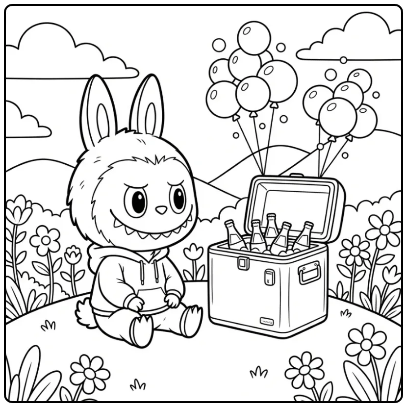 Cheerful Labubu Cola with a Cooler coloring page