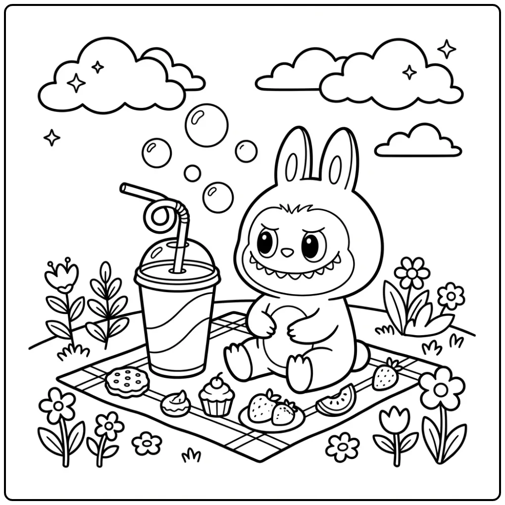 Cheerful Labubu Cola Picnic with Bubbles coloring page