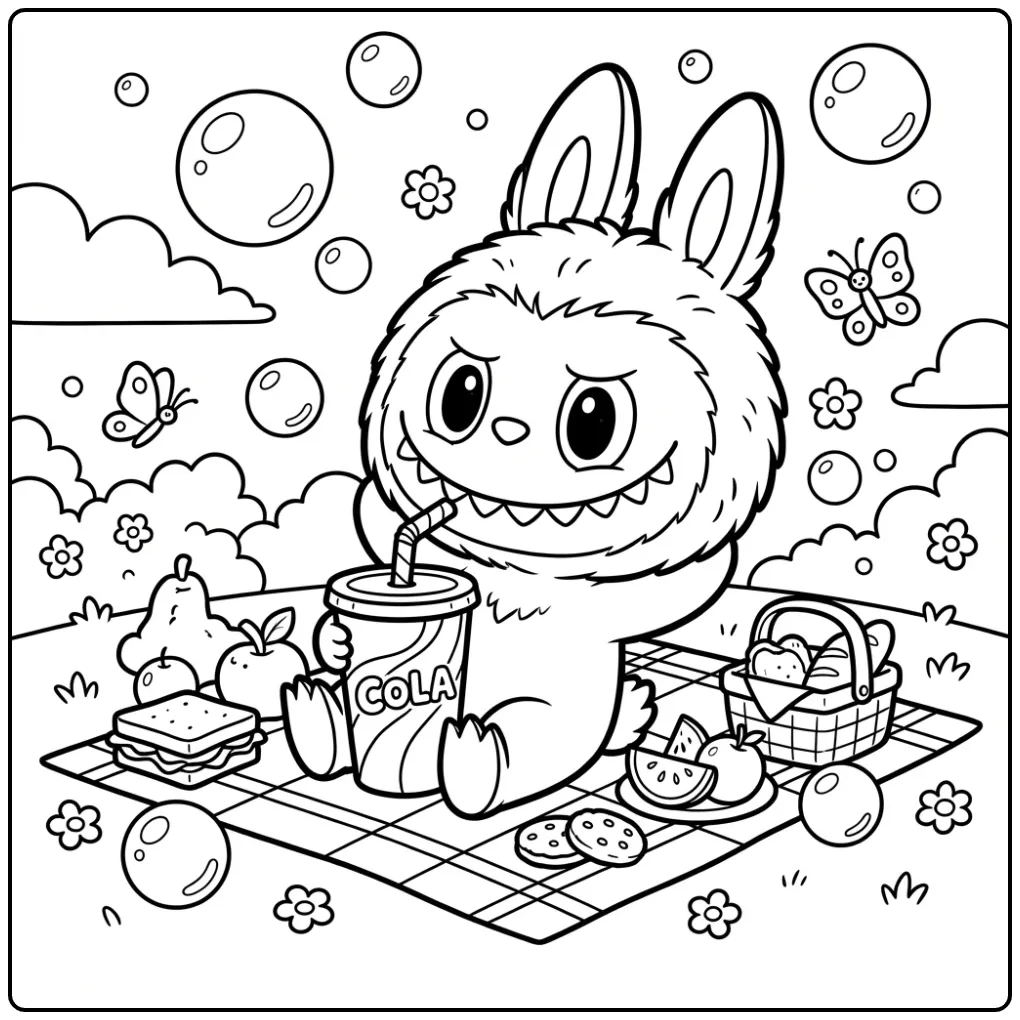 Cheerful Labubu Cola During a Summery Picnic coloring page