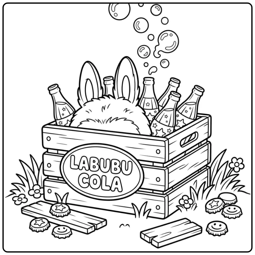 Cheerful Labubu Cola Among Bottles coloring page