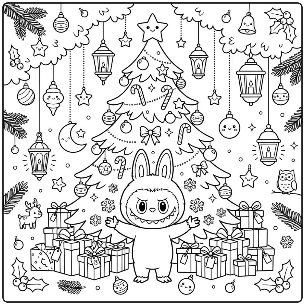 Cheerful Labubu on a Christmas Evening with Falling Snow coloring page