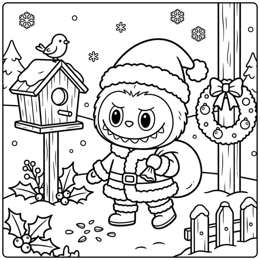 Cheerful Labubu Christmas by a Snow-covered Birdhouse coloring page