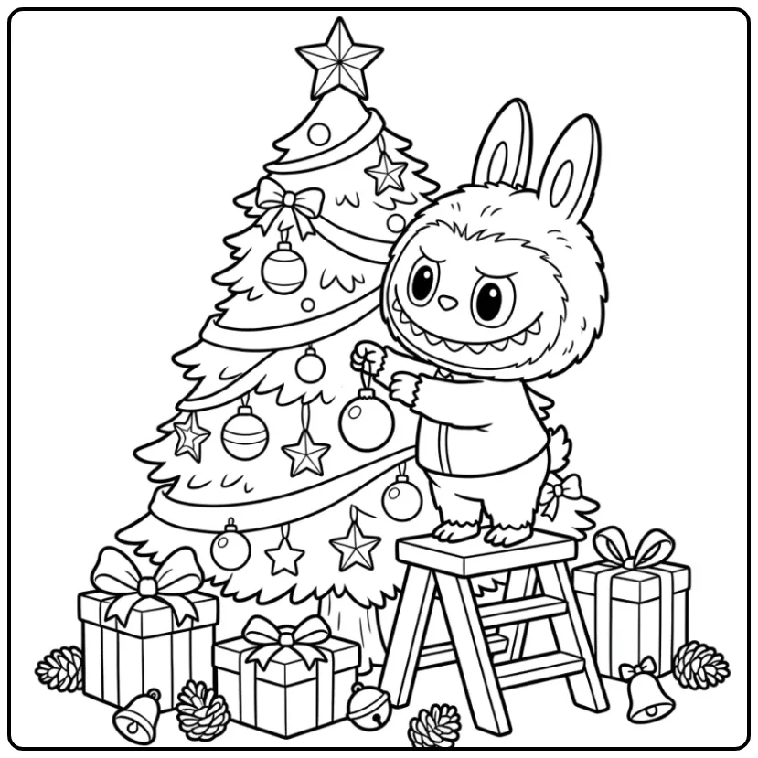 Cheerful Labubu Decorating a Christmas Tree coloring page