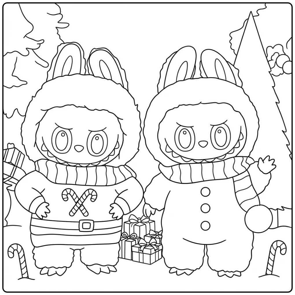 Cheerful Labubu Christmas Festive Friends coloring page